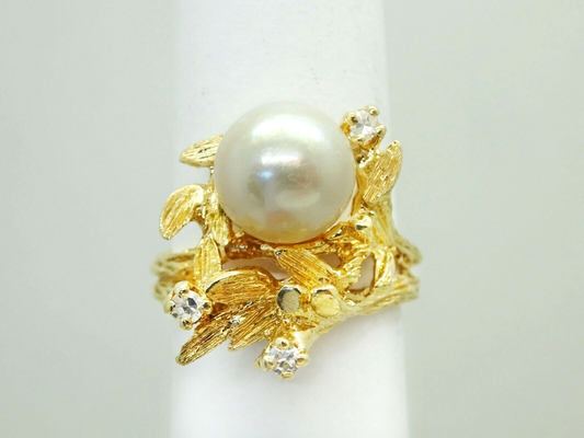 9mm Akoya Pearl & Earth Mined Diamond Leaf Design Ring 14k Gold Size 6.75