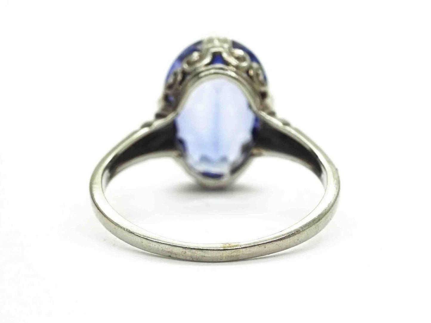 Victorian Lab-Created Synthetic Sapphire Filigree Ring 14k White Gold Size 6.25