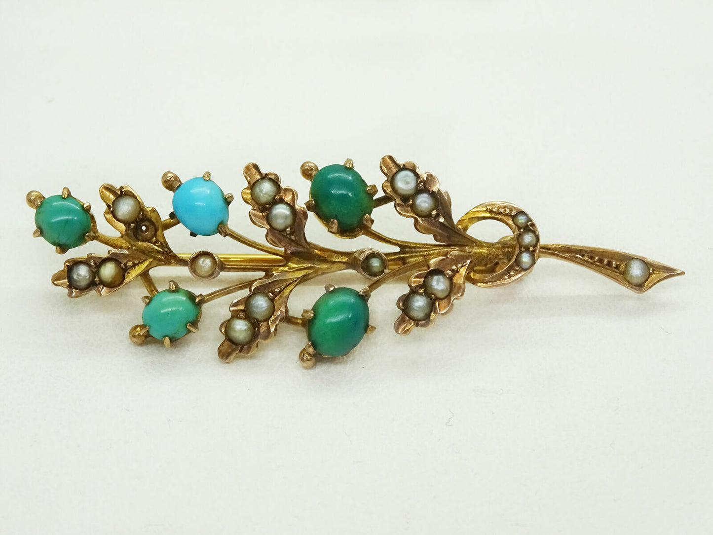 Victorian 9k Yellow Gold Turquoise & Seed Pearl Floral Pin Brooch