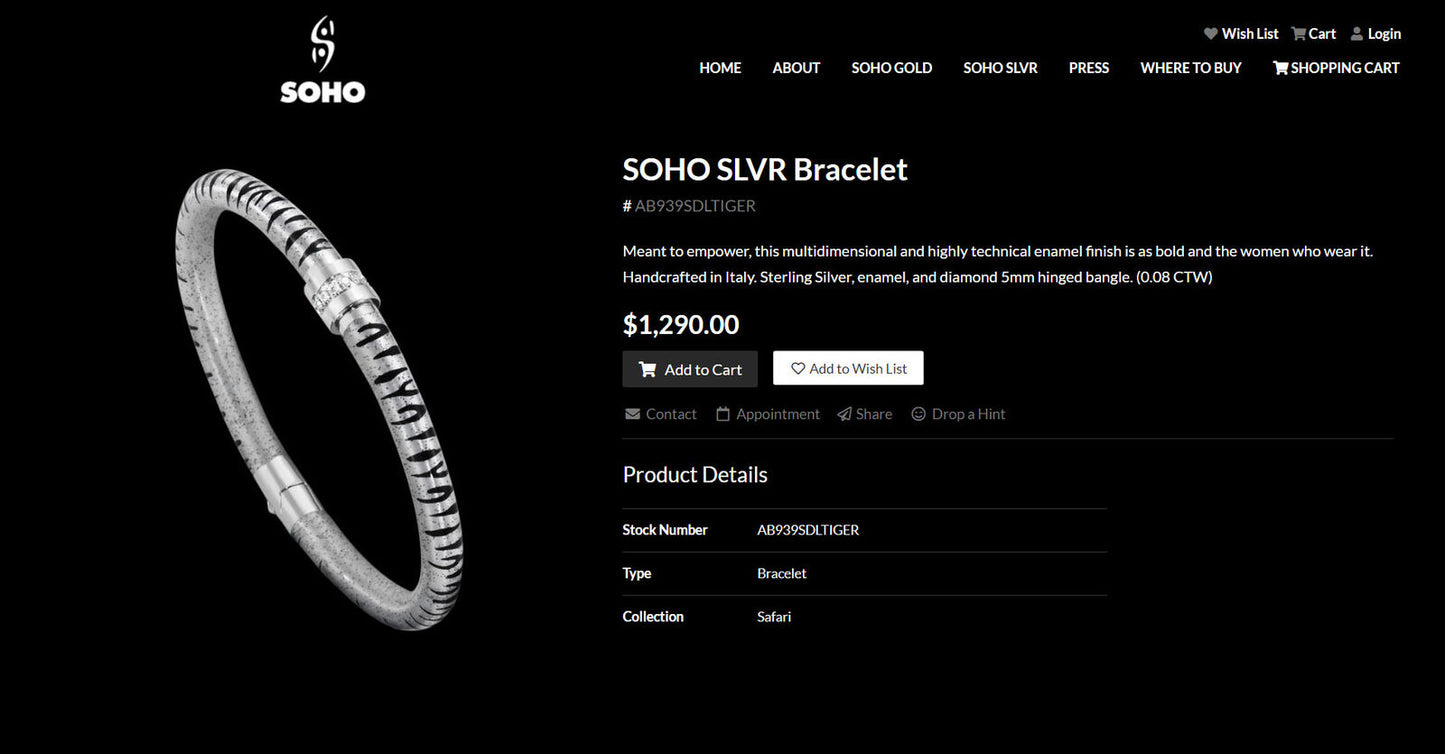 Designer SOHO Safari Tiger Sterling Silver Earth Mined Diamond Bangle Bracelet