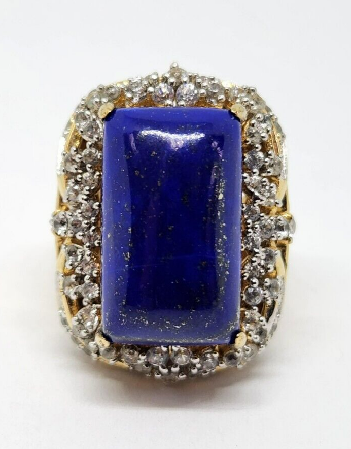 Natural Lapis Lazuli & CZ Vermeil Sterling Silver Ring, Size 7