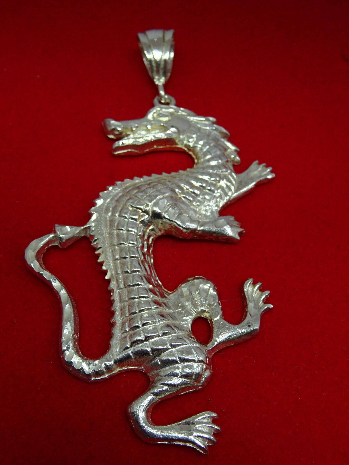 Large Dia-Cut Dragon Statement Pendant 925 Sterling Silver 37 Grams