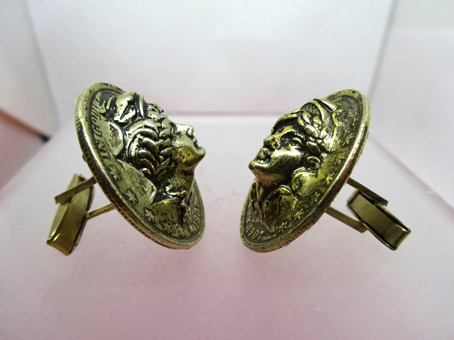 Vintage Lady Liberty Repousse Face 3D 1907 Half Dollar Coin Cuff Links, 29.2 g