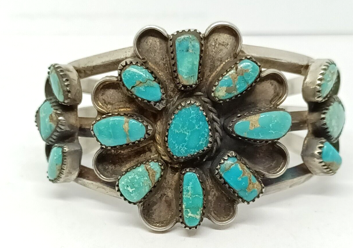 Native American Sawtooth Bezel Turquoise Sterling Silver Cuff 51.1 grams