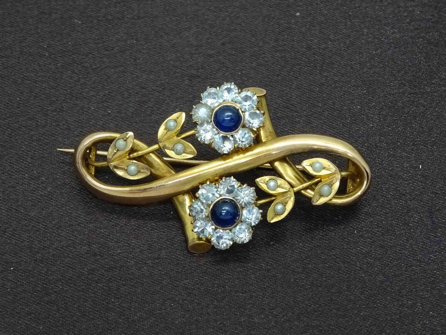 Antique EROV Sapphire & Seed Pearl & Crystal Floral Brooch Pin 14k Gold