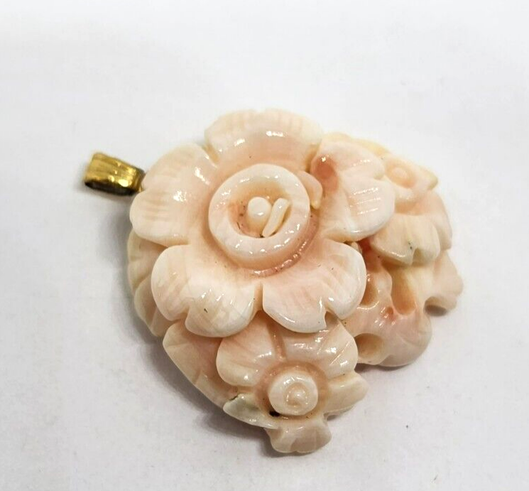 Carved Floral Angel Skin Coral Gold Filled Pendant 1" Long