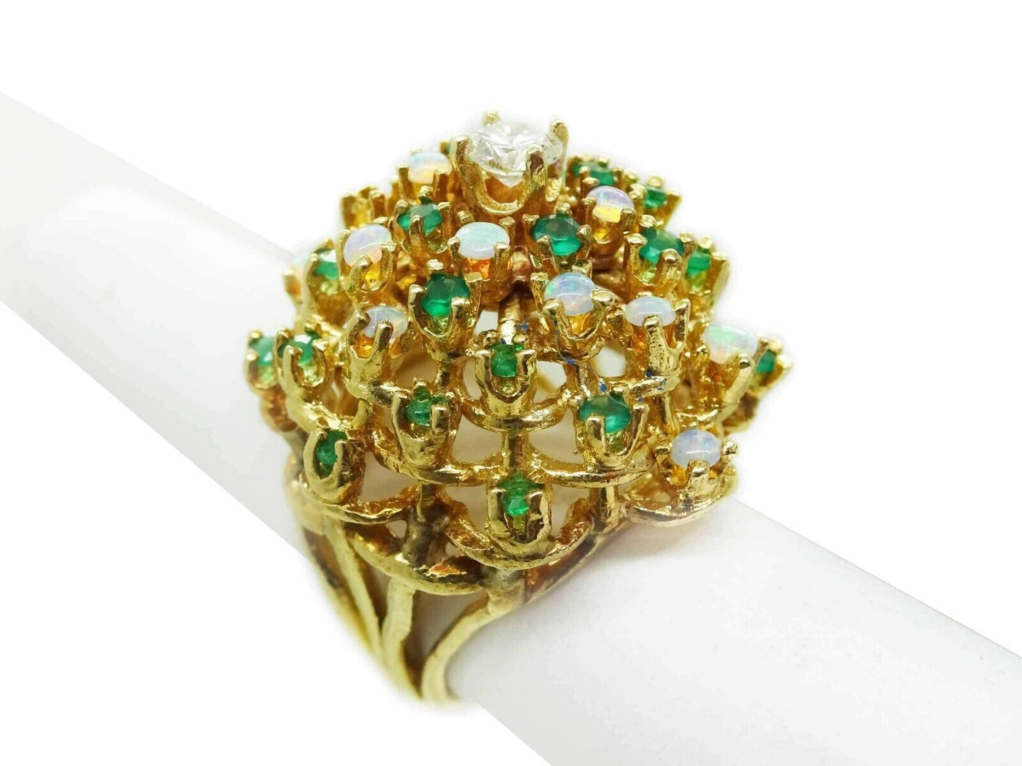 1.7ctw Natural Emerald Opal & Diamond Cluster Filigree Dome Ring 14k Gold Size 4