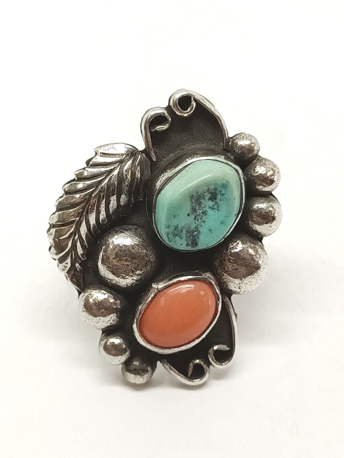 Old Pawn Navajo Sterling Silver Turquoise Coral Ring, Signed X, Size 6