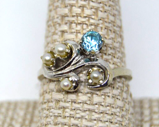 Vintage Blue Zircon & Pearl 14k White Gold Band Ring, Size 10
