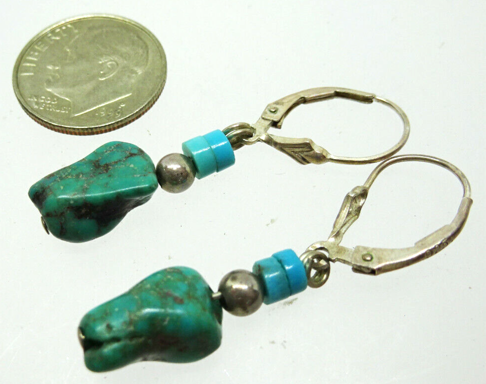 Vintage Turquoise Nugget Native American Sterling Silver Dangle Earrings