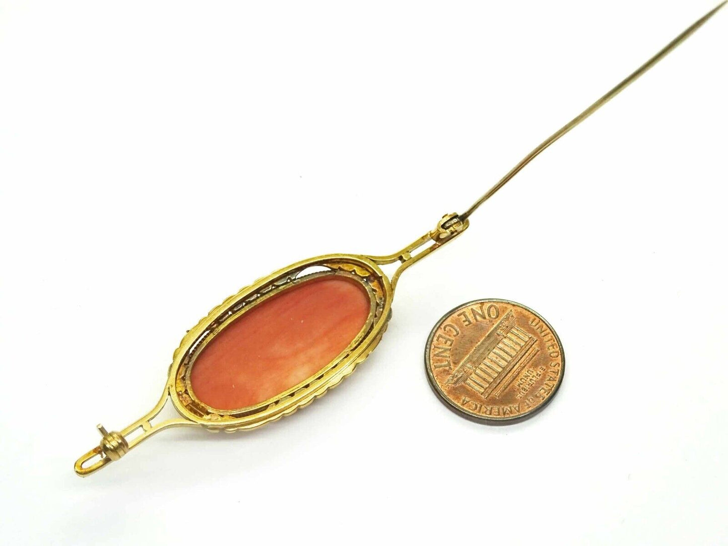 Estate Large Oval Coral Cabochon Brooch Pin 18k Gold