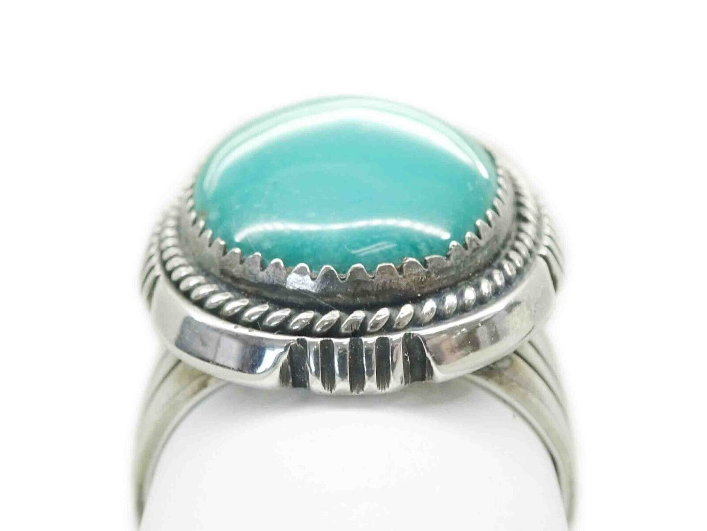 Navajo Artisan Denetdale Oval Turquoise Cabochon Ring Sterling Silver Size 9.5