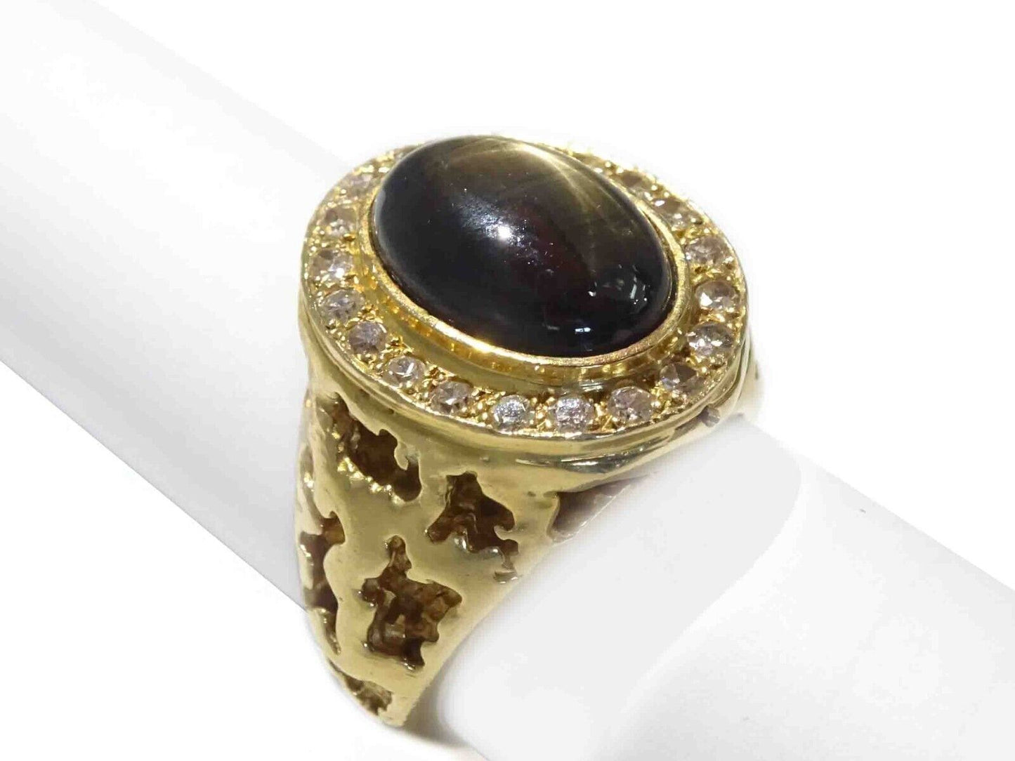 Men's Large Black Star Sapphire & Diamond Halo Ring 14k Gold Size 9