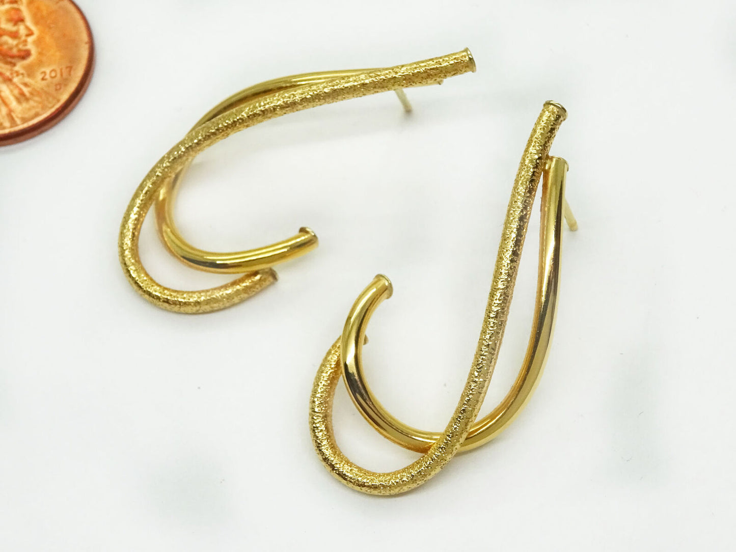 Open Swirl Double Hook Design Dangle Earrings 18k Yellow Gold