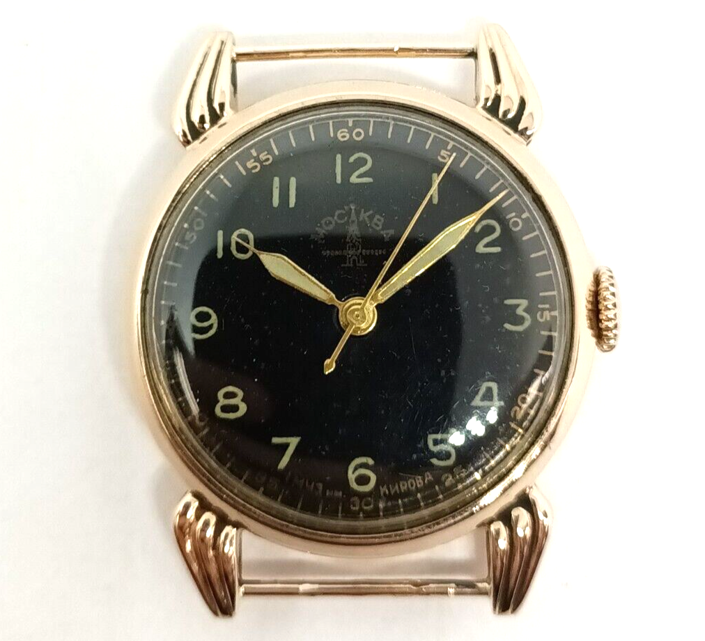 1950's Vintage Soviet Russia MOCKBA 14k Rose Gold Watch W/ Black Radium Dial