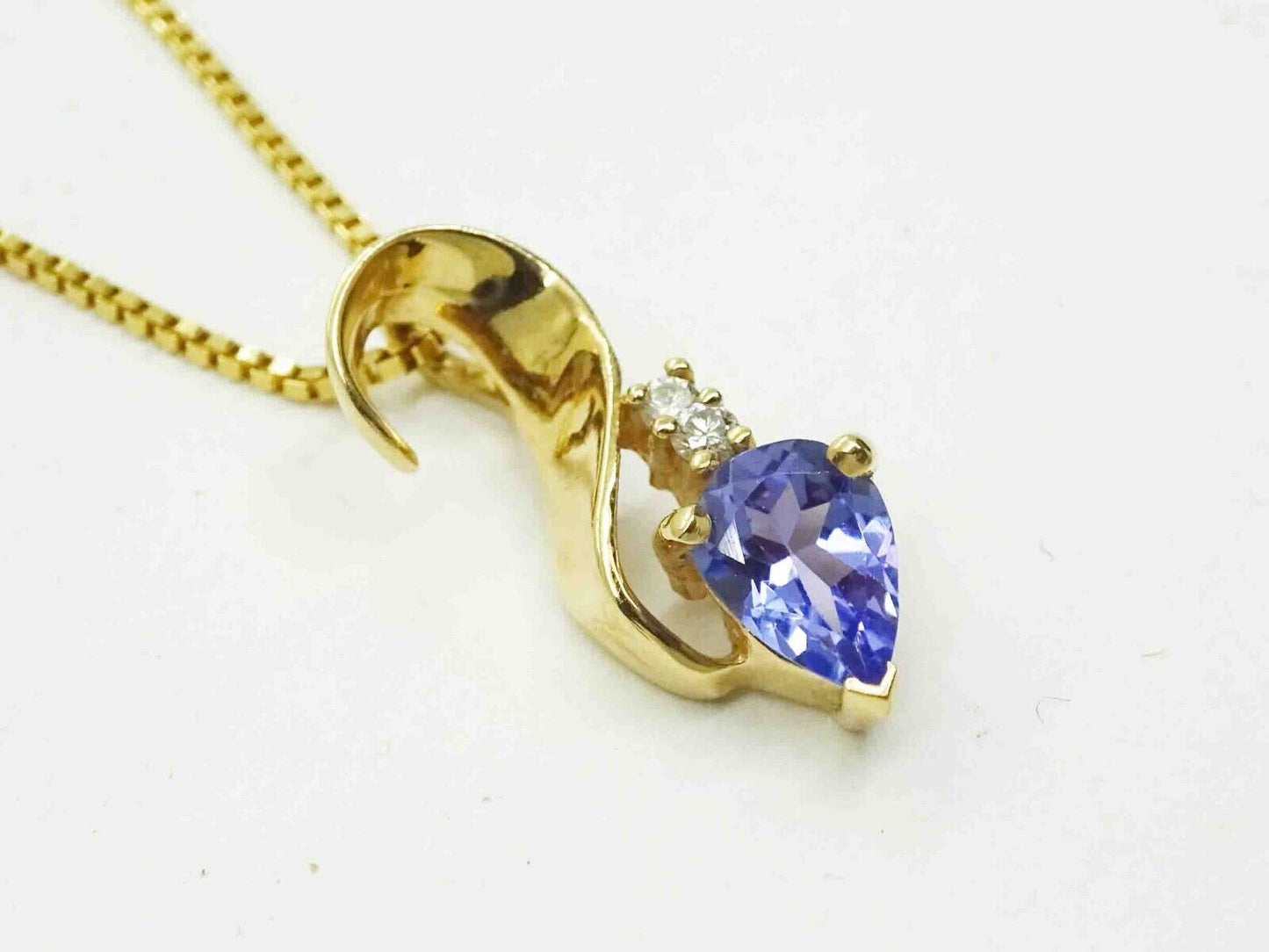 Natural Pear Tanzanite & Diamond Ribbon Style Pendant Necklace 14k Gold