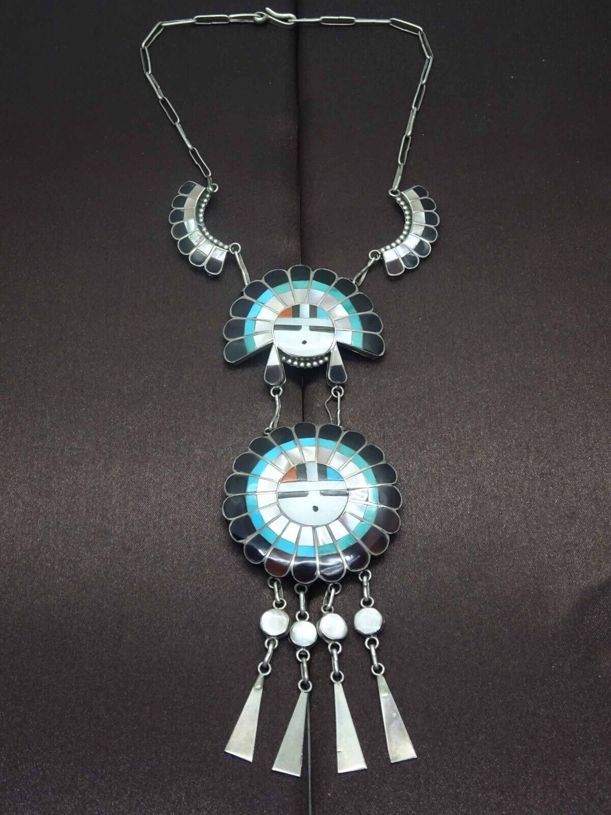 J.D. Massie Inlay Turquoise Coral Jet Mother-of-Pearl Zuni Sun God Necklace