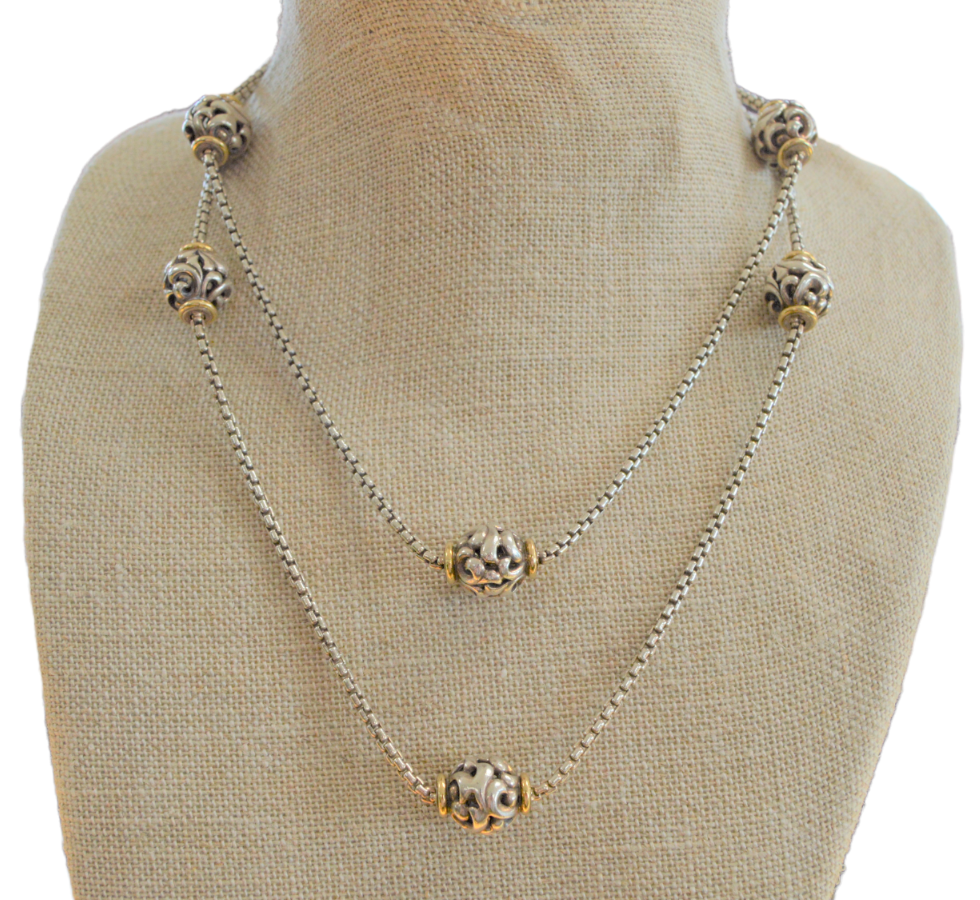 Charles Krypell Silver Ivy Bead Chain Long Necklace, Comes With Pouch