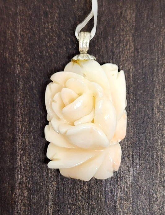 Carved Floral Angel Skin Coral Sterling Silver Pendant 1" Long