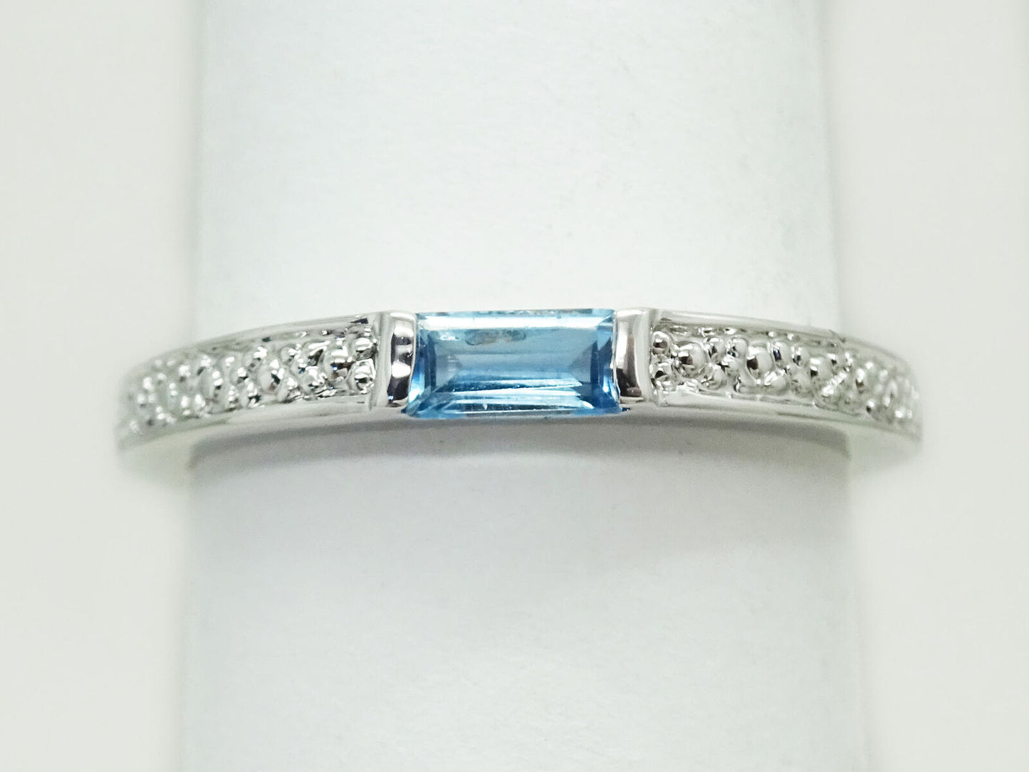 Blue Topaz Baguette Thin Stackable Band Ring Size 7.5 Rhodium Plated