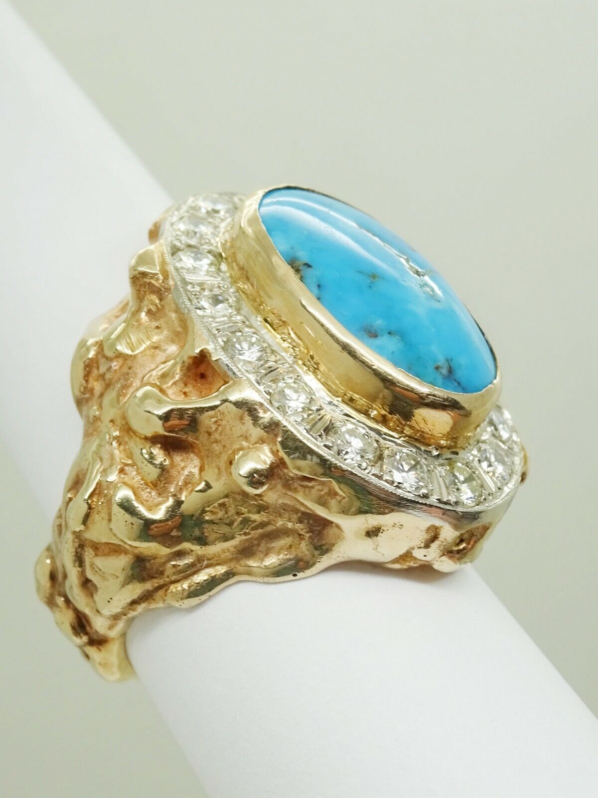 13ct tw Large Natural Turquoise & Earth Mined Diamond Ring 14k Gold Size 10.25