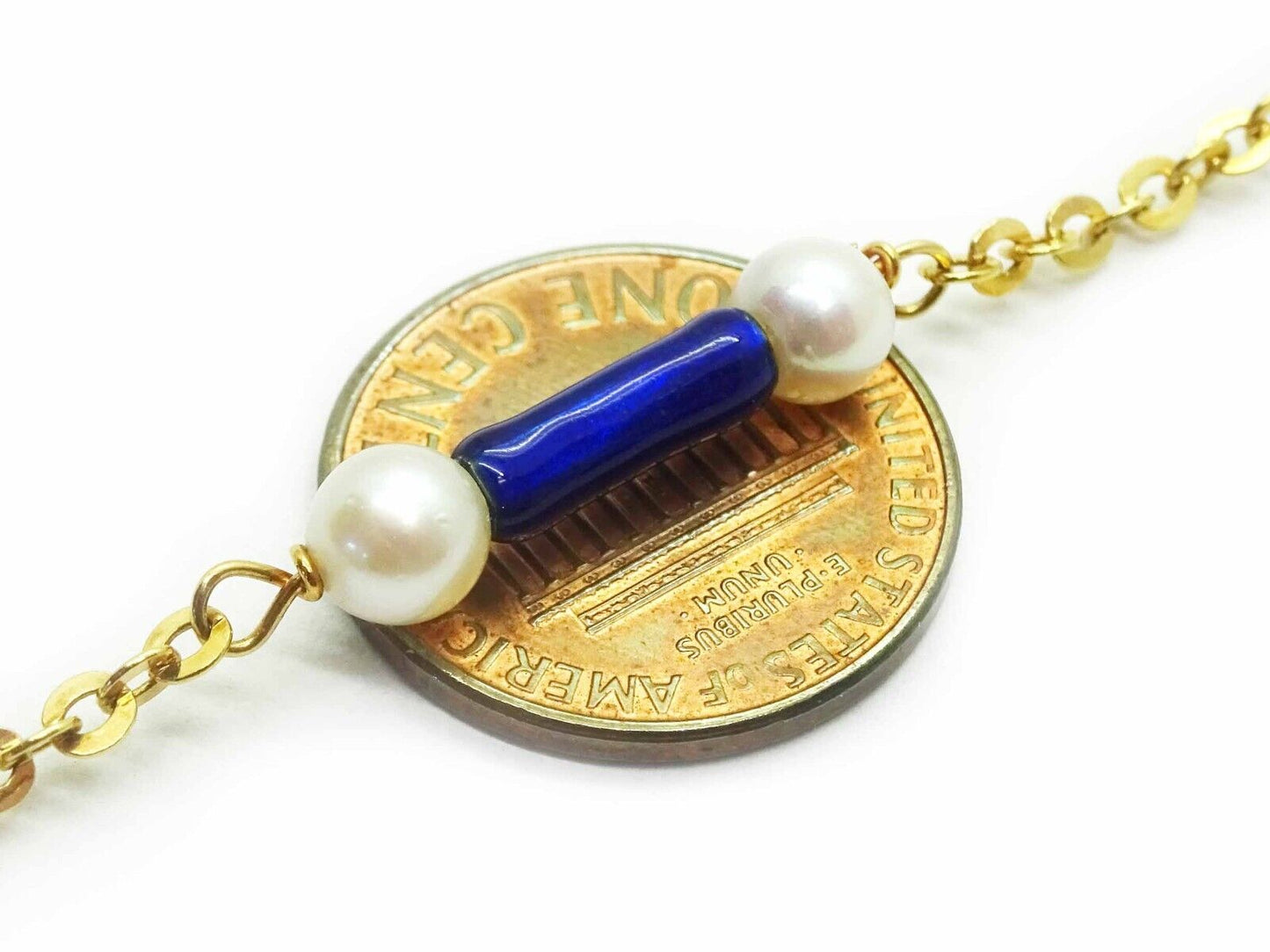 Estate Italian Cobalt Blue Enamel & Pearl Station Link Bracelet 18k Gold