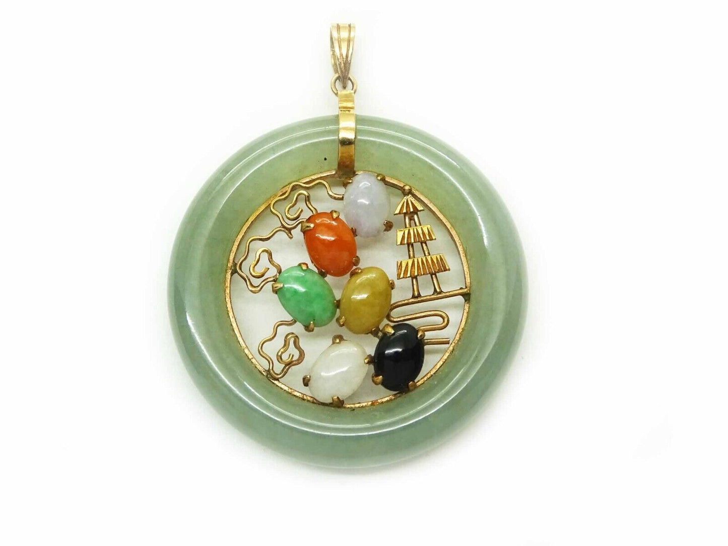 Multicolor Jade Round Filigree Bezel Pendant 14k Gold