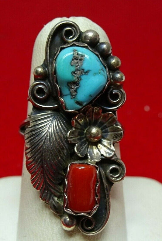 Old Pawn Native American Navajo Sterling Silver Turquoise Coral Ring, Angela Lee