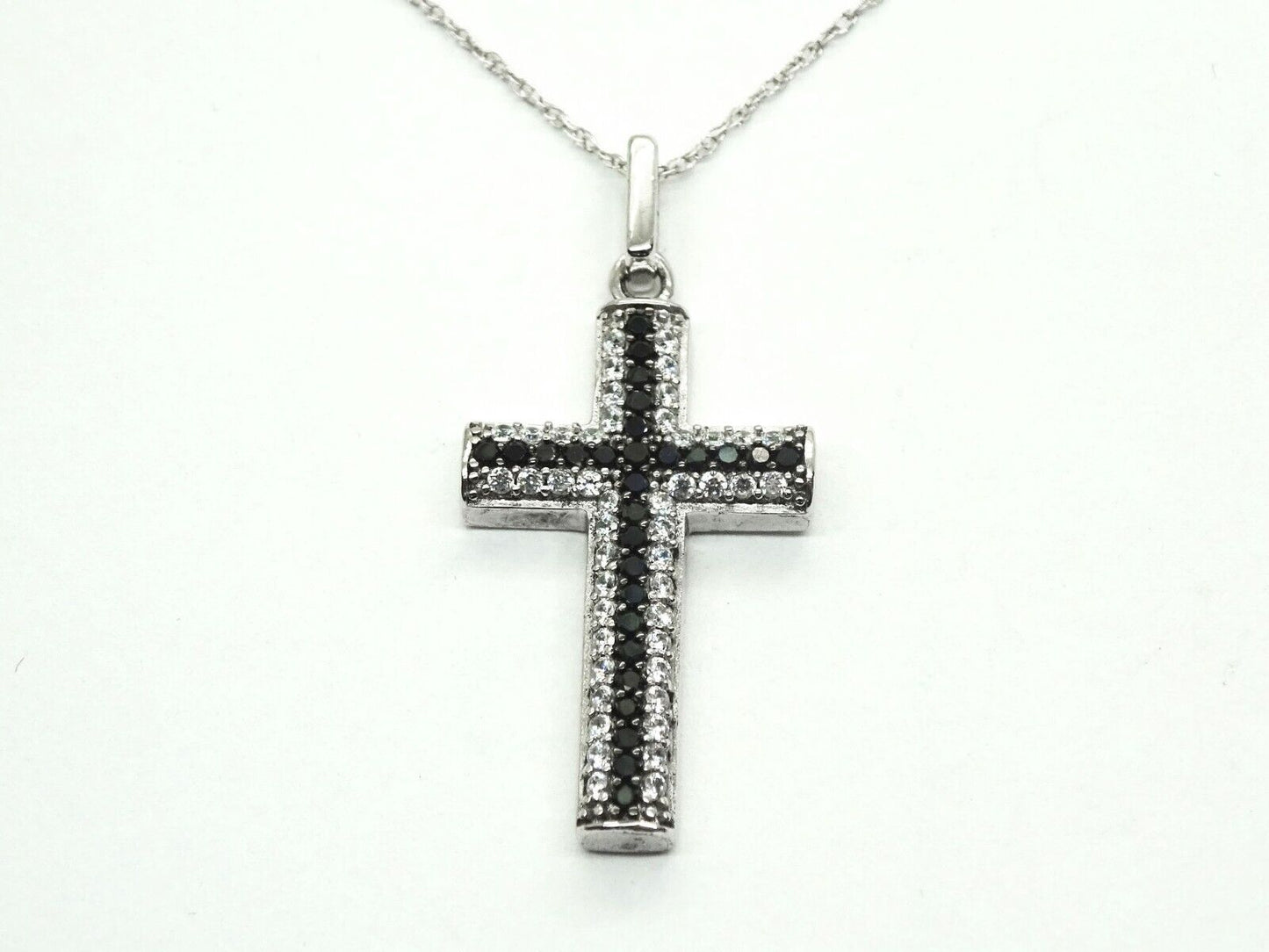 Black & White CZ Cross Pendant Sterling Silver on 10k White Gold Chain