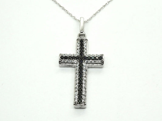 Black & White CZ Cross Pendant Sterling Silver on 10k White Gold Chain