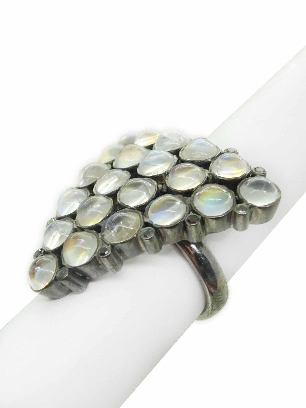 10.50ct tw Moonstone & Black Diamond Cocktail Ring Sterling Silver Size 6