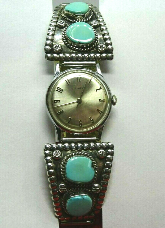 Native American Sterling Silver & Turquoise Watch Tips Signed AF