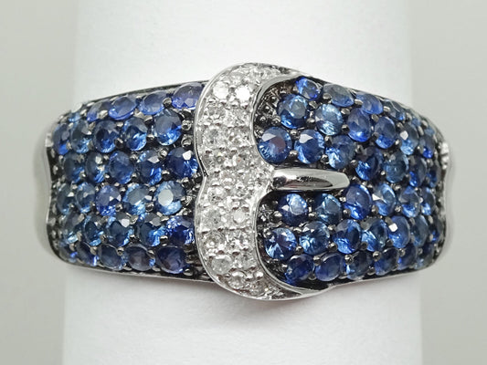 Natural Sapphire & Diamond Pave Buckle Ring 10k White Gold Size 8