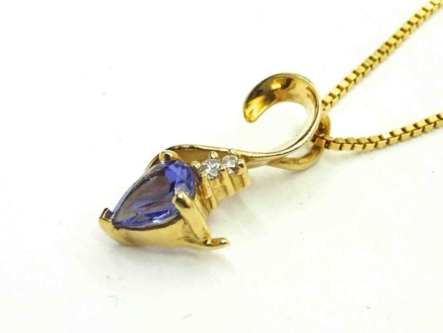 Natural Pear Tanzanite & Diamond Ribbon Style Pendant Necklace 14k Gold