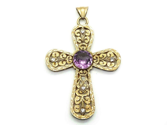 Synthetic Alexandrite & Natural Diamond Rounded Filigree Cross Pendant 14k Gold