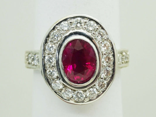 2.22ct tw Natural Ruby Ring & Earth Mined Diamond Halo 18k White Gold Size 6.5