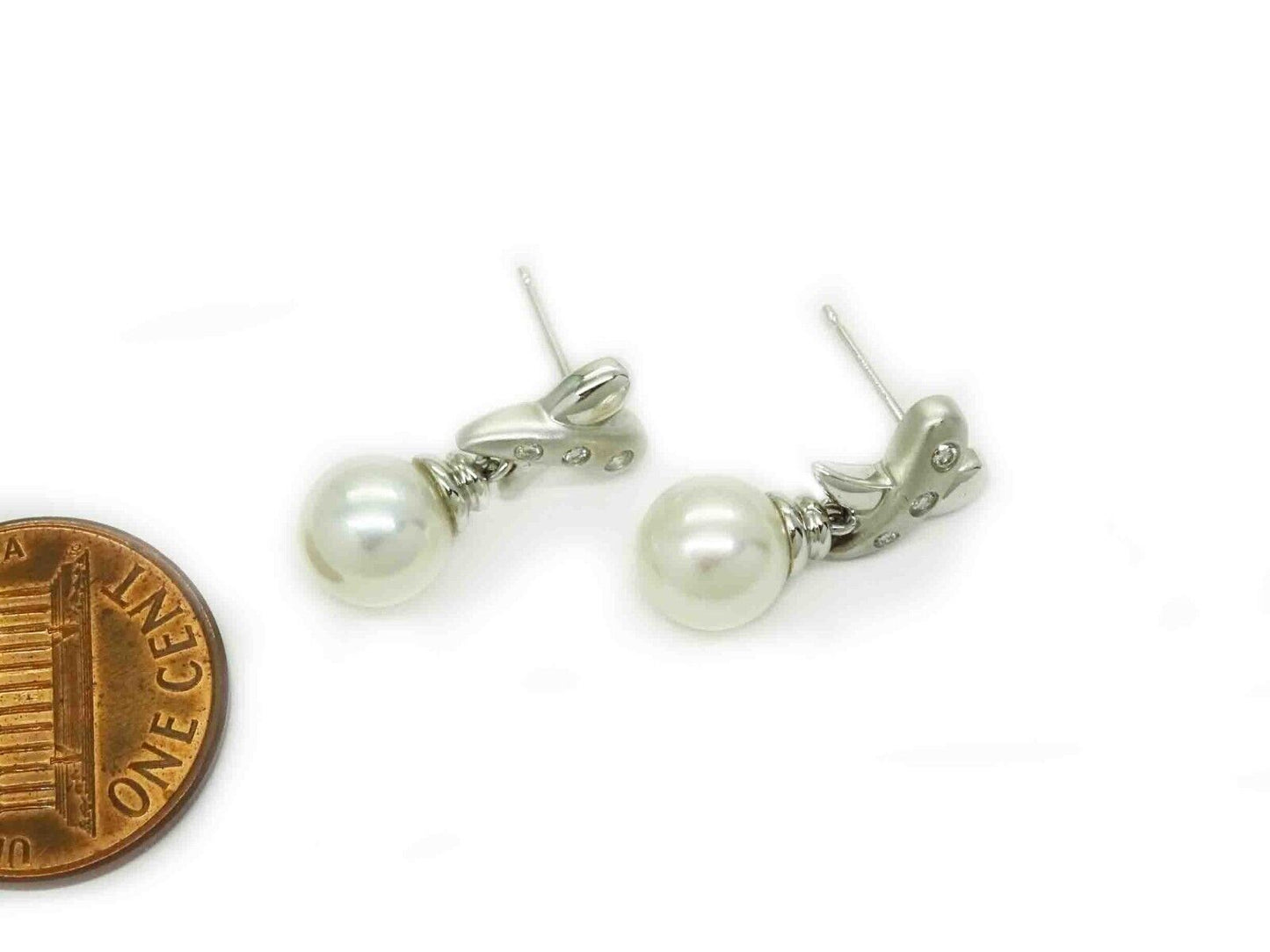 7mm Wide Pearl Bead & Diamond Accent X Drop Earrings 14k White Gold