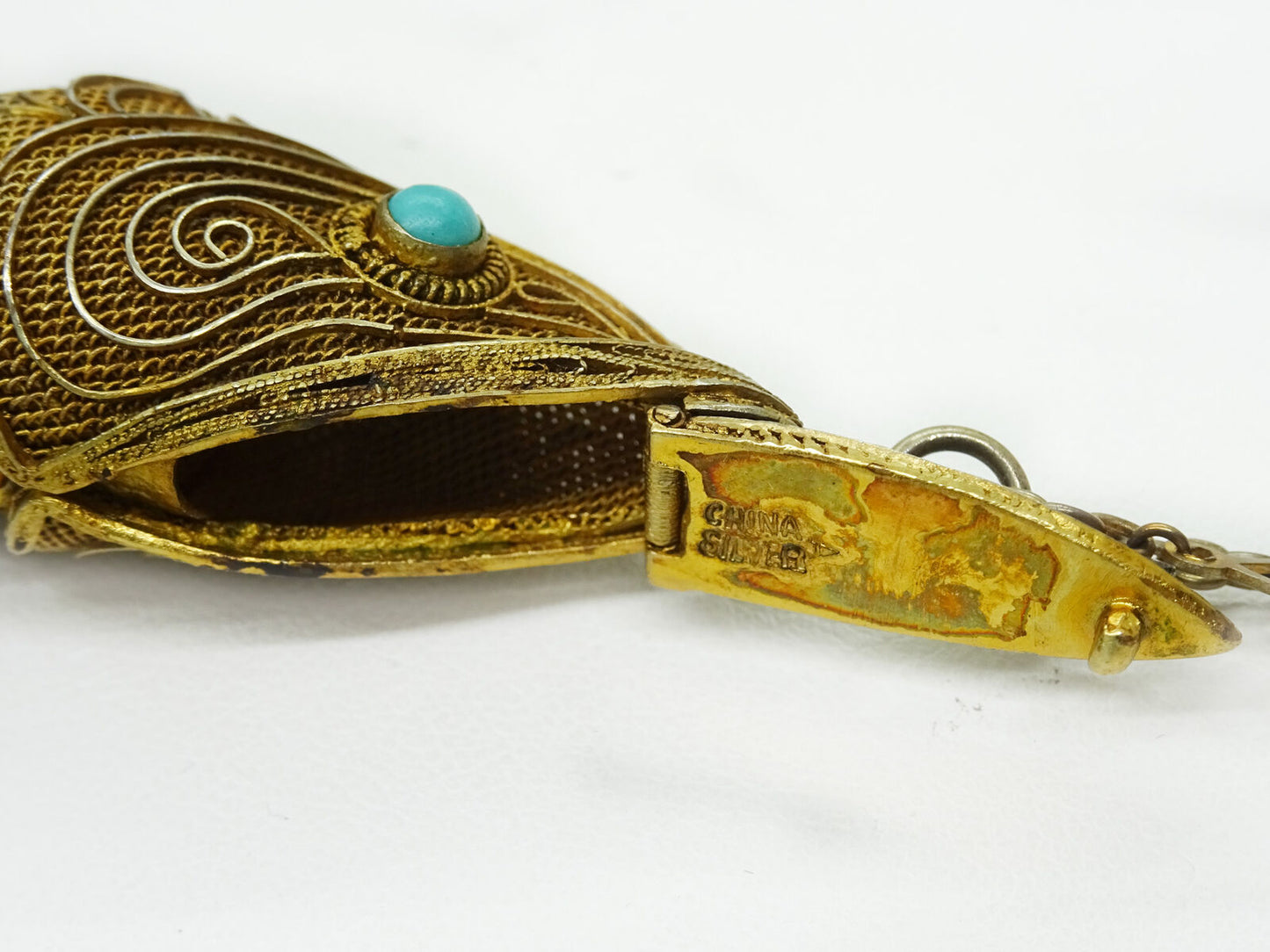 Antique Chinese Articulated Large Koi Fish Pendant Turquoise Eyes