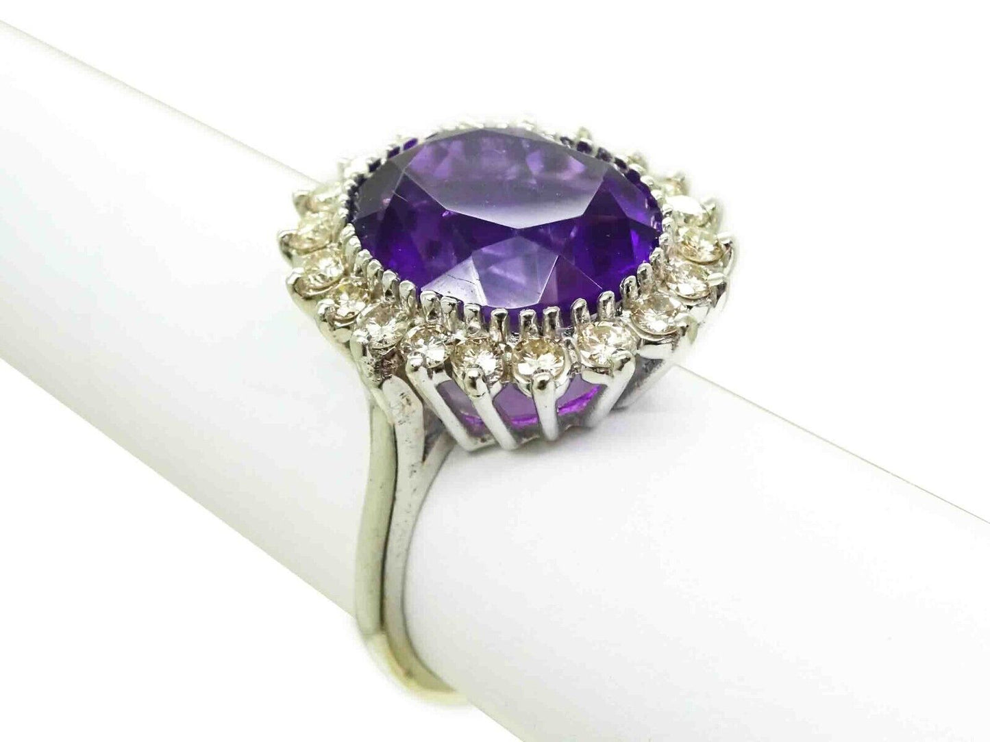 7.16ct tw Natural Amethyst & Diamond Halo Filigree Ring 14k White Gold Size 7