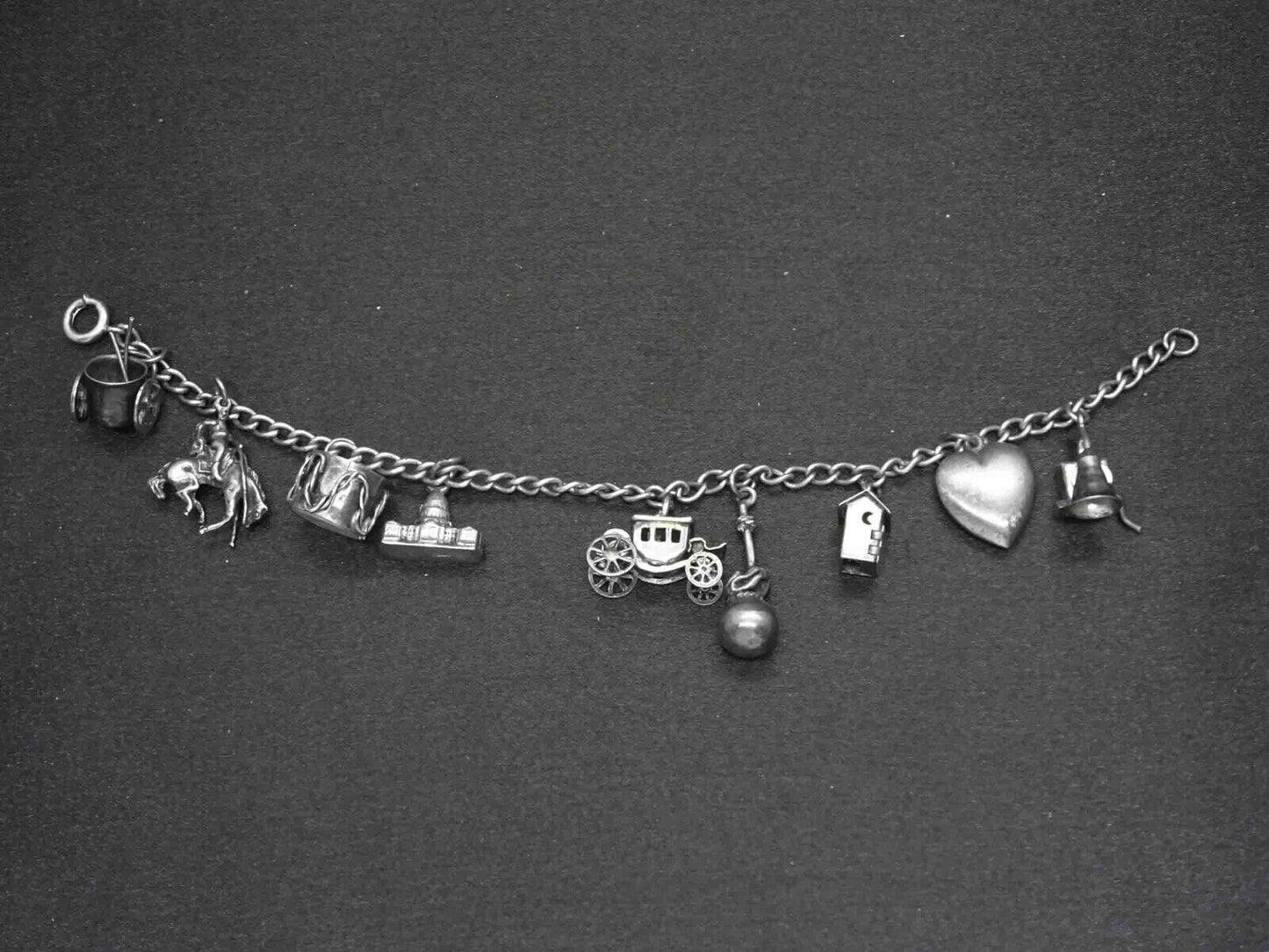 Estate 9pc Sterling Silver Charm Bracelet 22.6 Grams