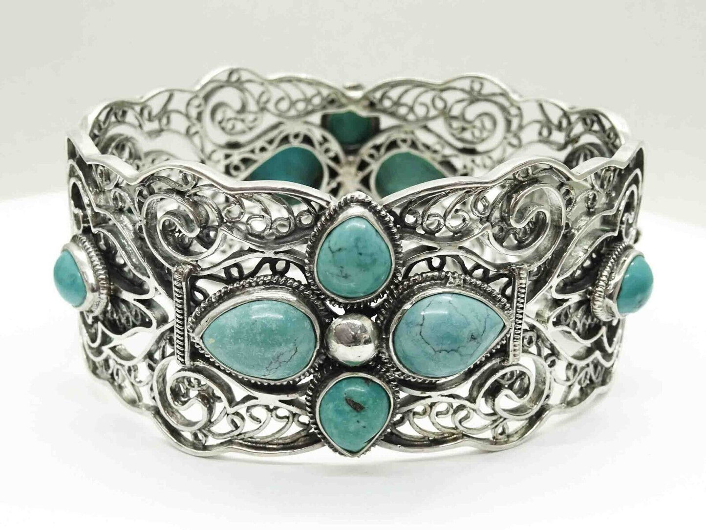 Turquoise Cabochon Openwork Filigree Hinged Bangle Bracelet Sterling Silver