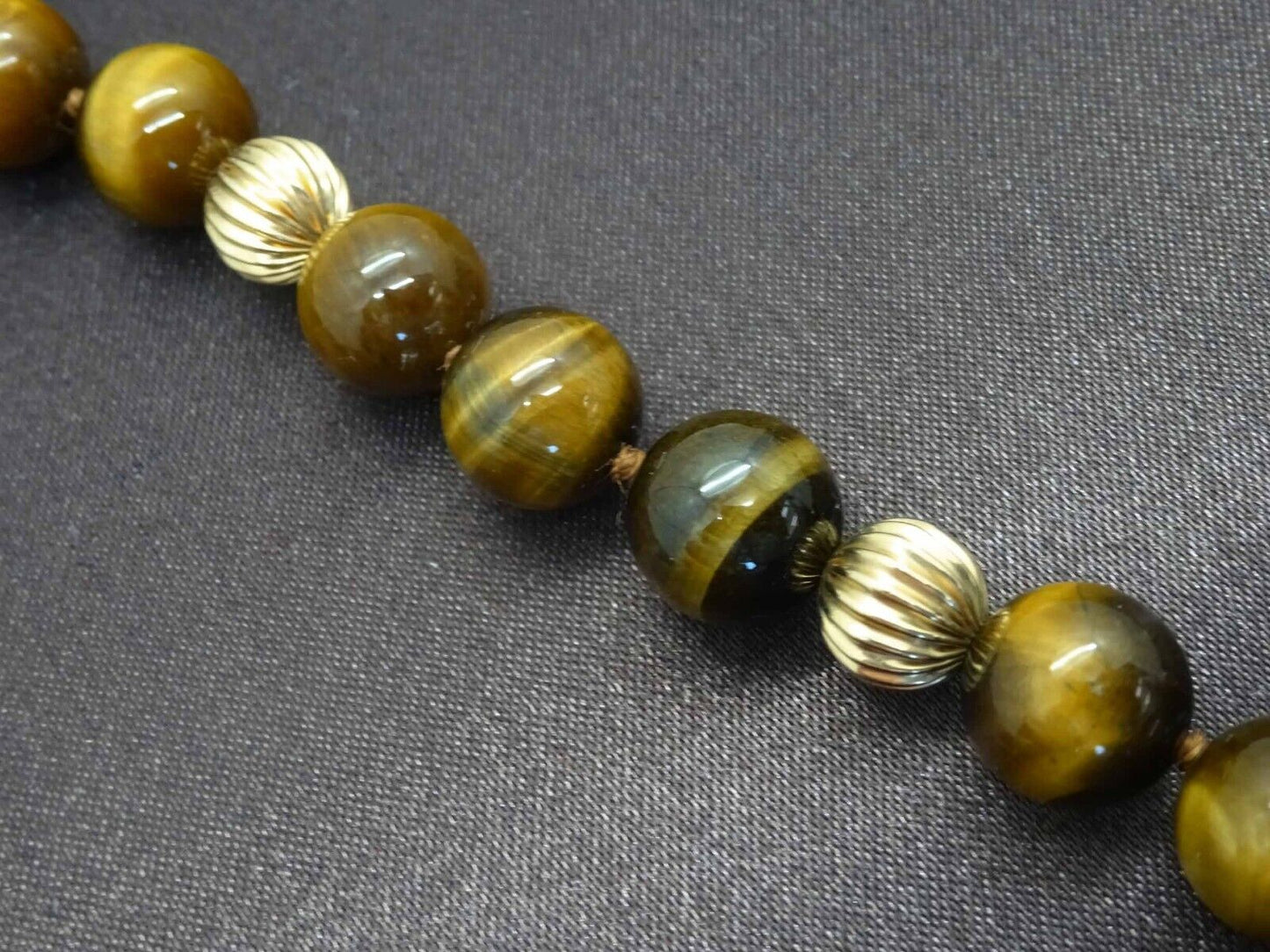 Vintage Tiger's Eye & 14k Gold Bead Pendant Necklace 10k Gold Clasp 20" Long