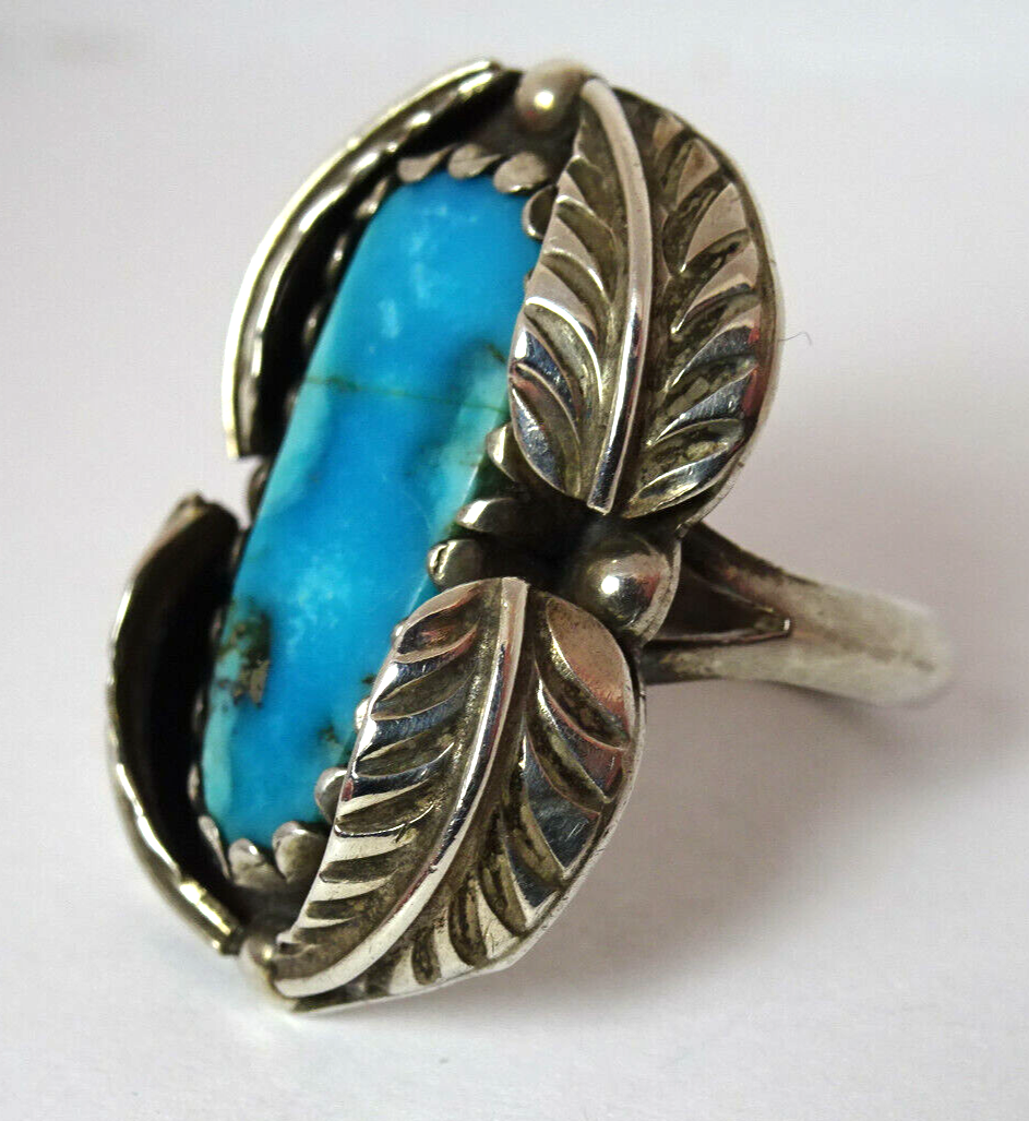 Vintage Old Pawn Native American Sterling Silver Turquoise Feather  Ring Size 5