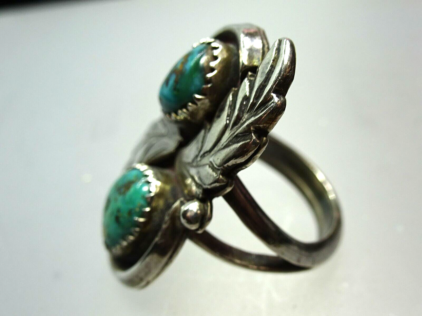 Large Old Pawn Native American Navajo Sterling & Turquoise Ring, Sawtooth Bezel