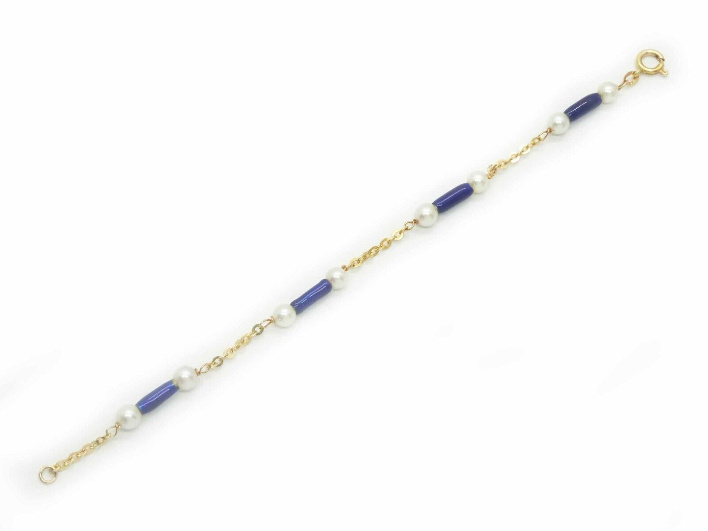 Estate Italian Cobalt Blue Enamel & Pearl Station Link Bracelet 18k Gold