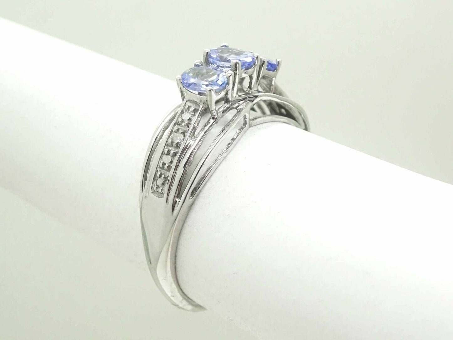 3-Stone Natural Blue Amethyst & Diamond Filigree Ring 10k White Gold Size 7