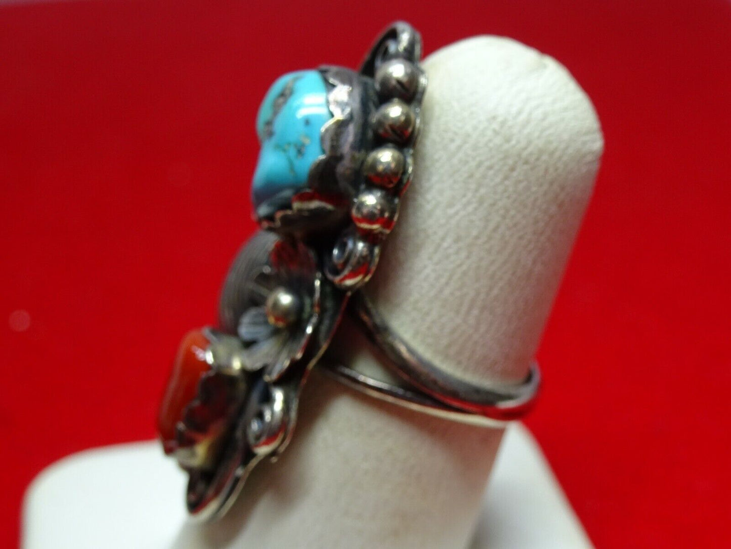 Old Pawn Native American Navajo Sterling Silver Turquoise Coral Ring, Angela Lee