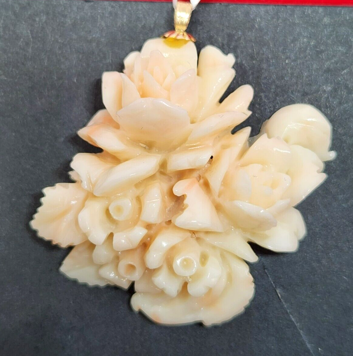 Carved Floral Angel Skin Coral Gold Filled Pendant 1.75" Long