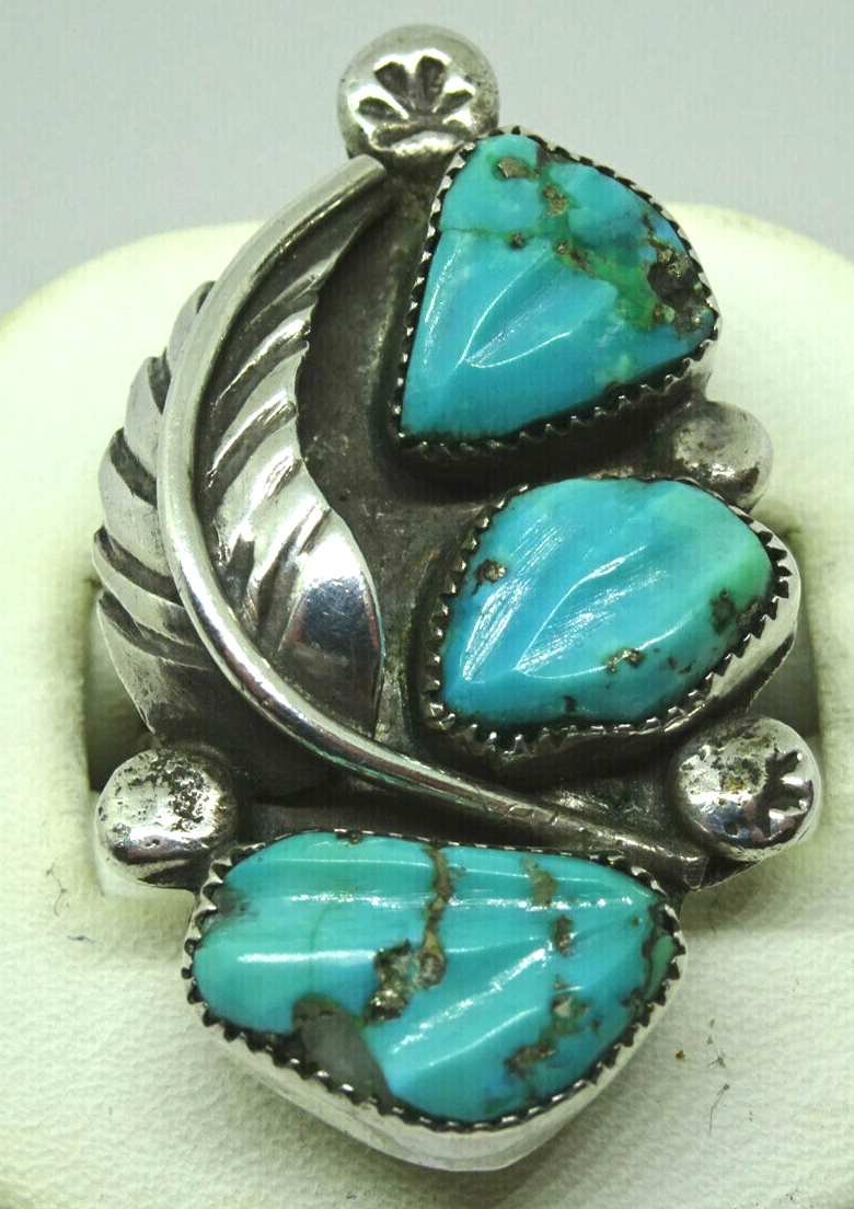 Old Pawn SIGNED ZUNI Sterling Silver & Turquoise Ring, FE Signed, Sz. 6.5