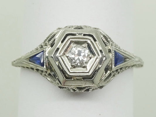 Edwardian Platinum Diamond & Sapphire Filigree Ring Size 7.5